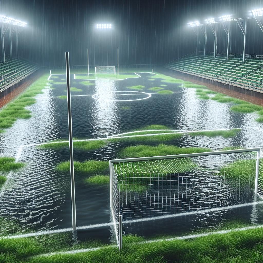 Football field flooding aftermath.