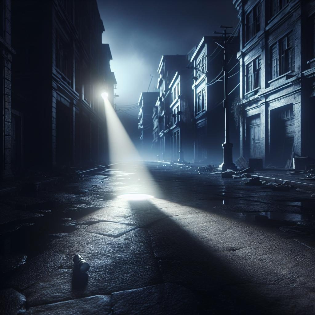 Dark street, flashlight beam.