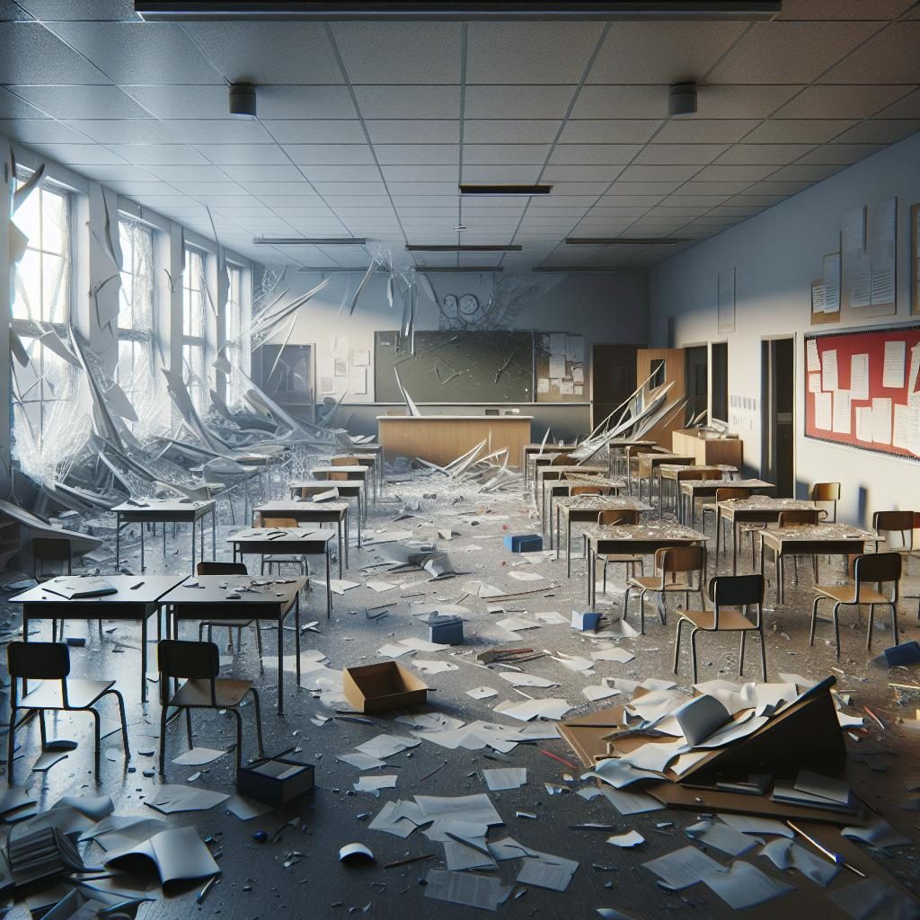 Damaged school buildings aftermath.