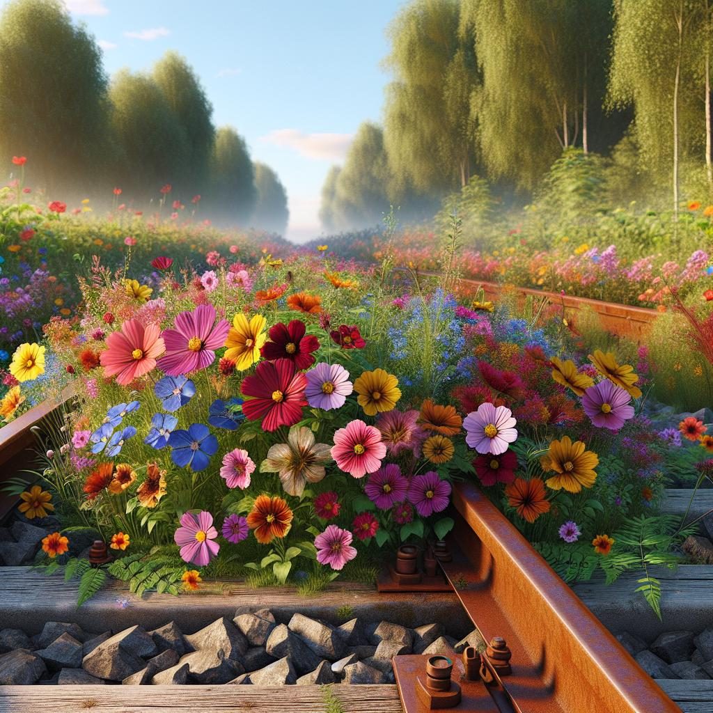 Flowers near railroad tracks.