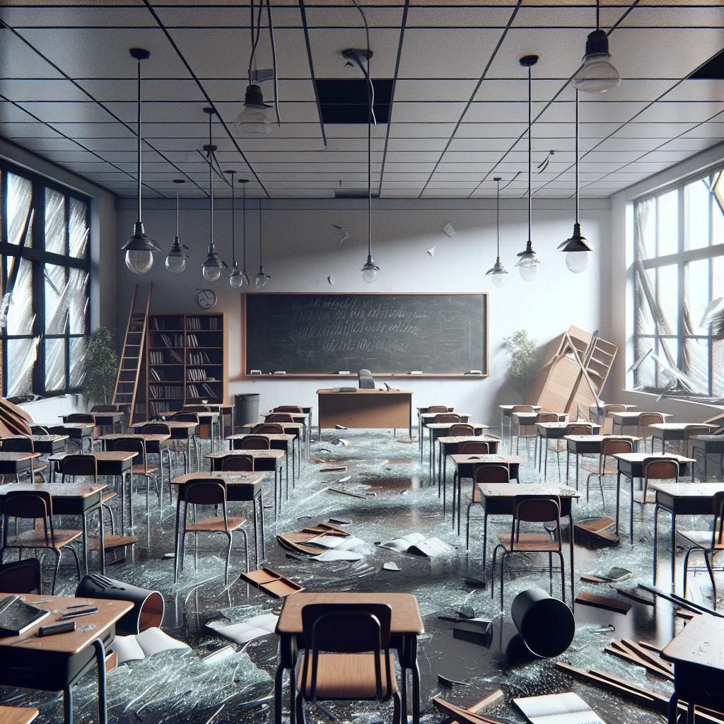 Empty classroom after hurricane.