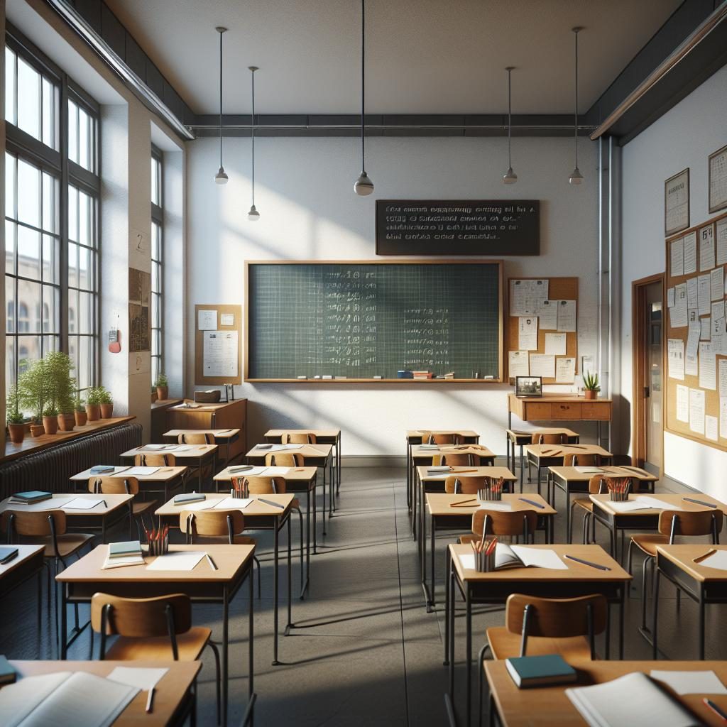 Empty classroom with announcement.