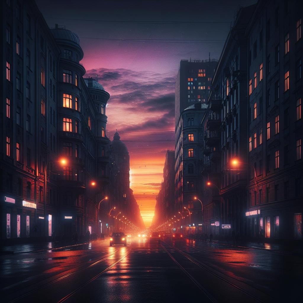 Darkened city streets scene.