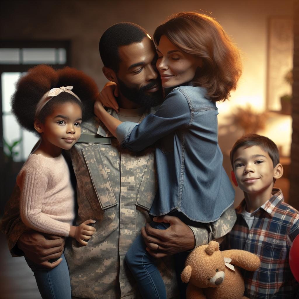 Soldier embracing family