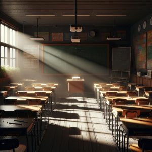 Empty classroom during blackout.