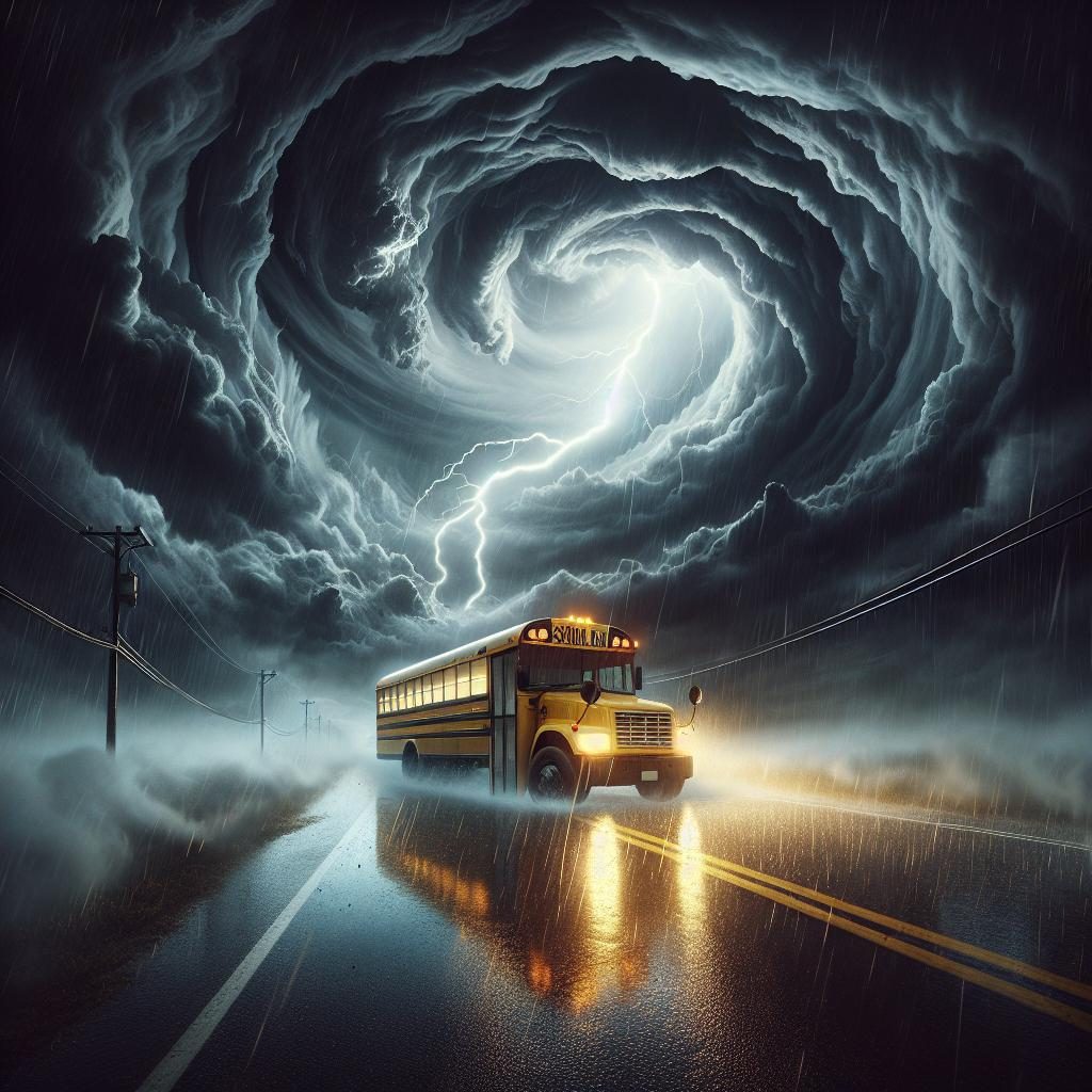 School bus in storm