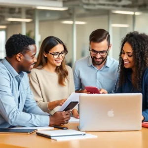 Diverse marketing professionals collaborating in an office setting