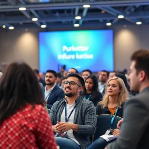 Marketing professionals at a conference in Chicago discussing innovative techniques.