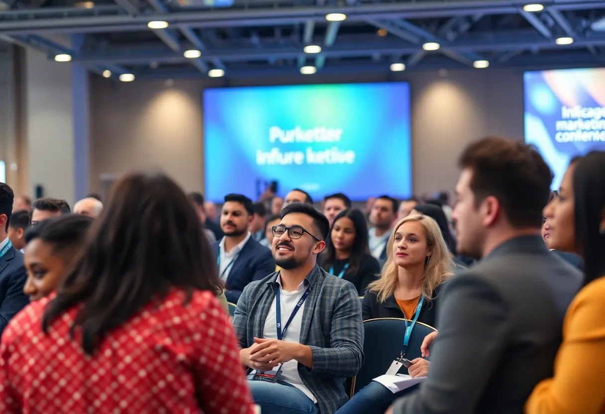 Marketing professionals at a conference in Chicago discussing innovative techniques.