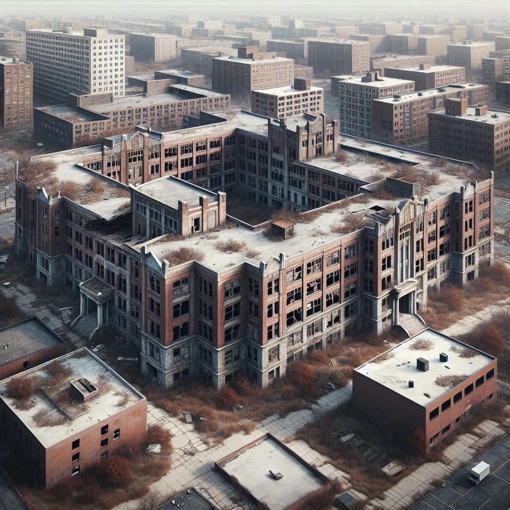 Deserted city school buildings.