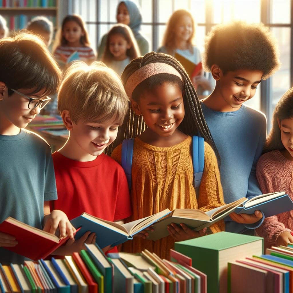 Children browsing books happily.