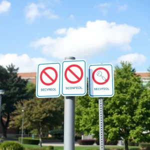 College campus security signs with privacy symbols.