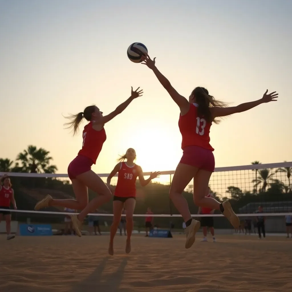 Energetic volleyball players jumping in a dynamic match.