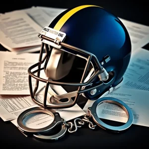 Football helmet surrounded by legal documents and handcuffs.