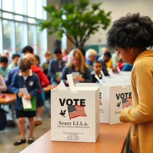 Voting ballots and school-related imagery in a community setting.