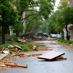 Devastated city street with debris from severe storm.