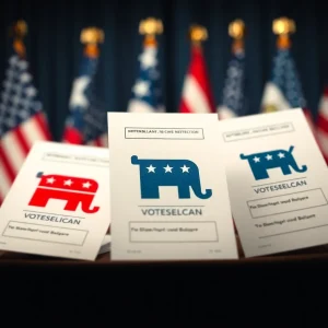 Voting ballots with Republican symbols and flags in background.