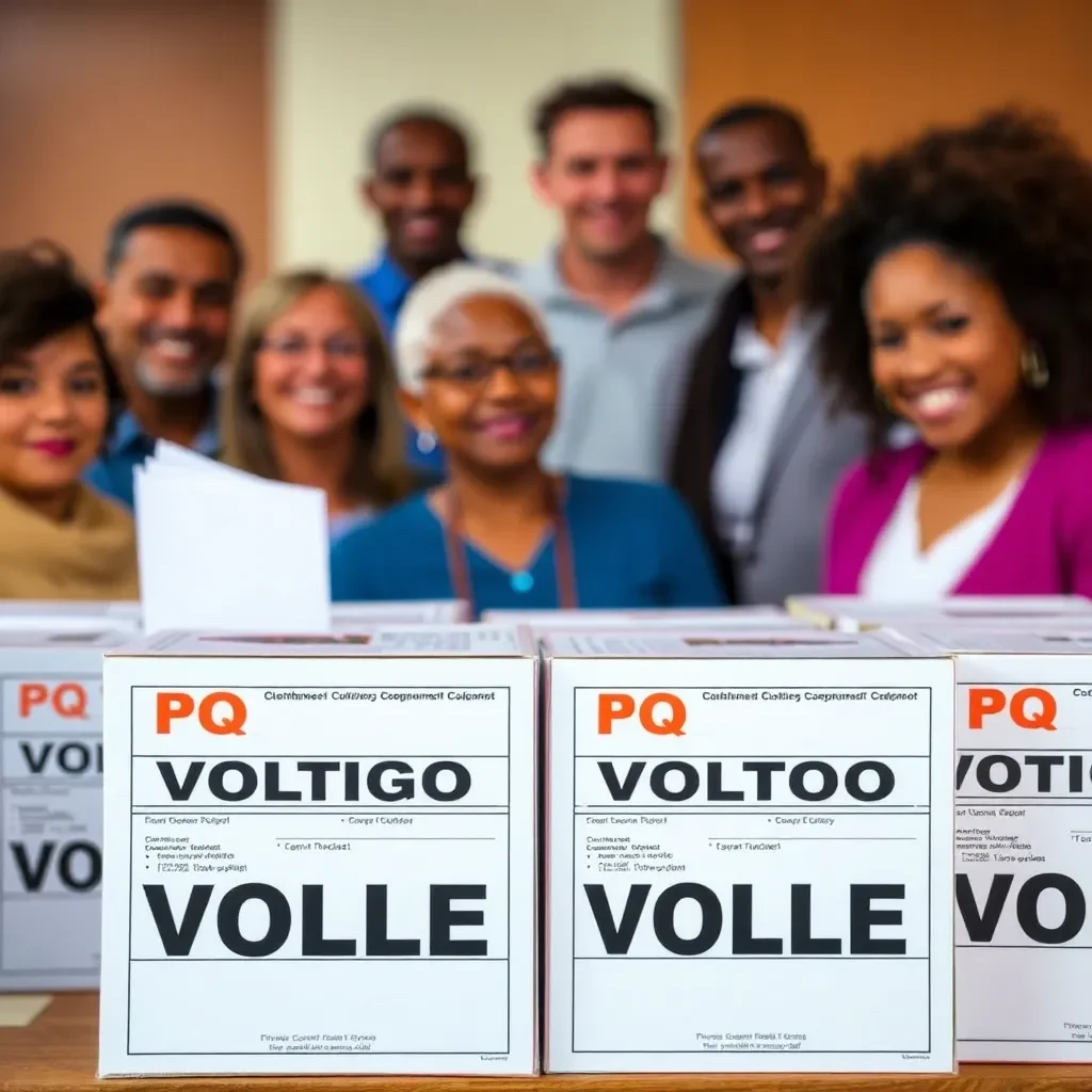 Election ballots with diverse community representation in background.