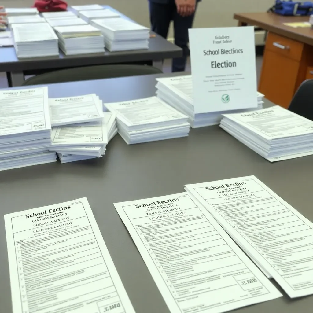 School board election ballots and voting materials on table.