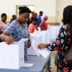 Community members casting votes at a polling station.