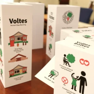 Voting ballots with school imagery and community engagement symbols.