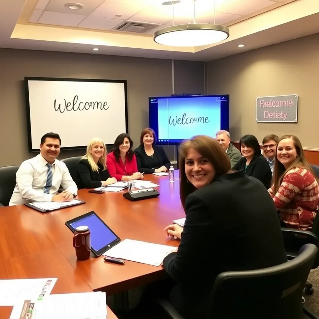 Boardroom meeting with smiling members and welcome signs.