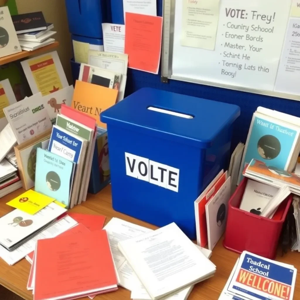 Ballot box surrounded by school-related materials and voters.