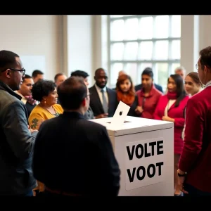 Ballot box surrounded by diverse community members engaging in discussion.