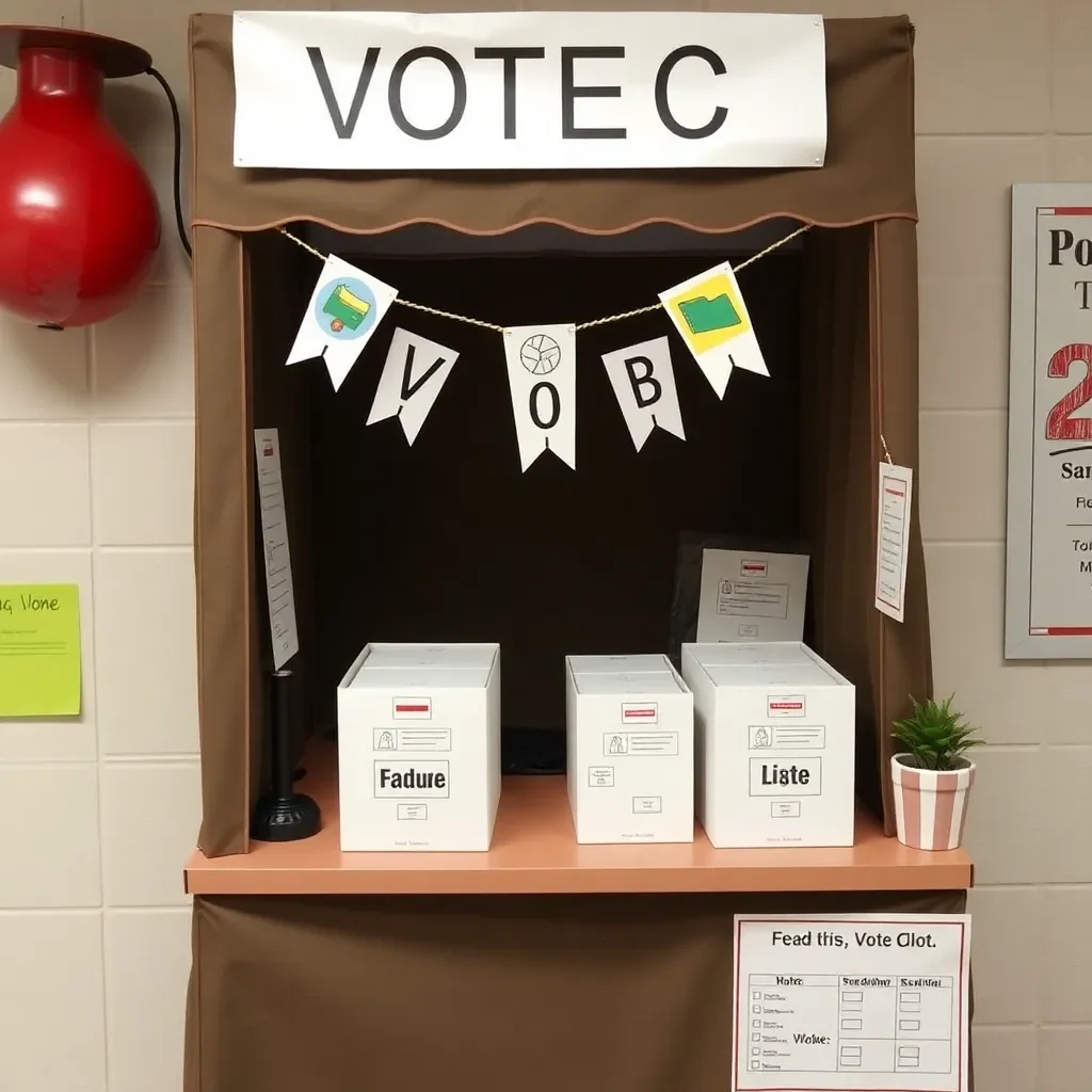 Voting booth with ballots and school-themed decorations.