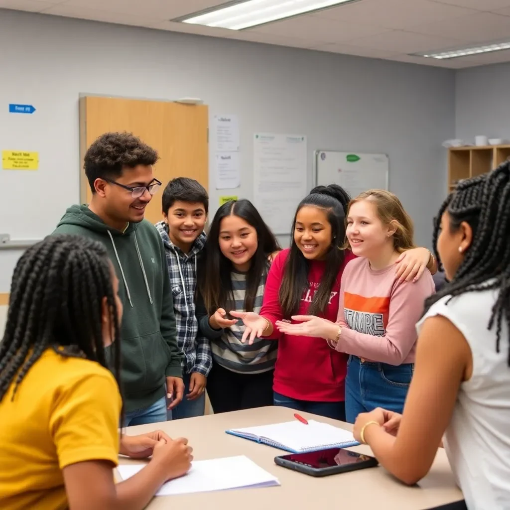 Diverse group of students collaborating in a safe classroom.