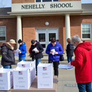 Voting ballots in front of a school building.