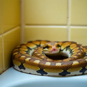 Python calmly resting in a bathroom corner.