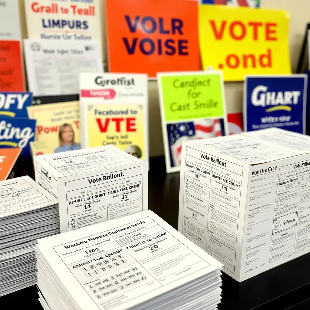 Voting ballots with supportive campaign materials in background.