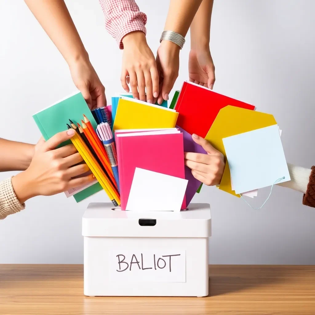 Diverse hands holding school supplies over a ballot box.