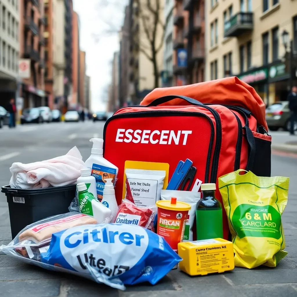 Emergency preparedness kit with essentials in urban setting.