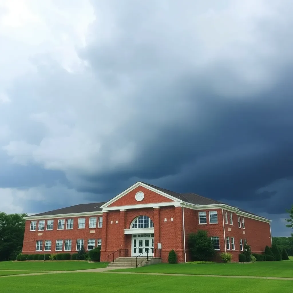 School building with storm clouds overhead.