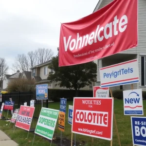 Election banners and signs showing community support.