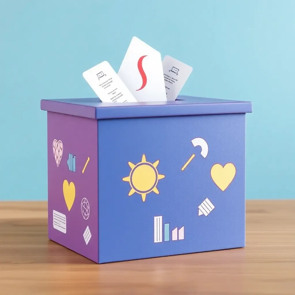 Voting box with educational symbols and ballots.