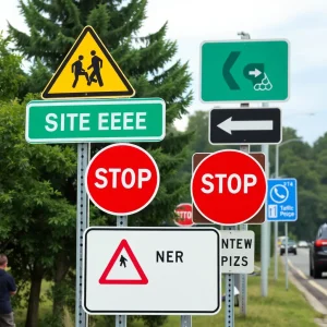 Road signs promoting safety and new traffic regulations.