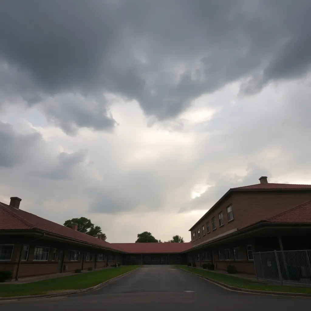 School buildings with stormy skies and closed signs.