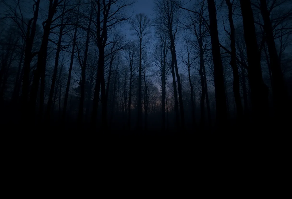 Mysterious forest silhouette with creature footprints at dusk.