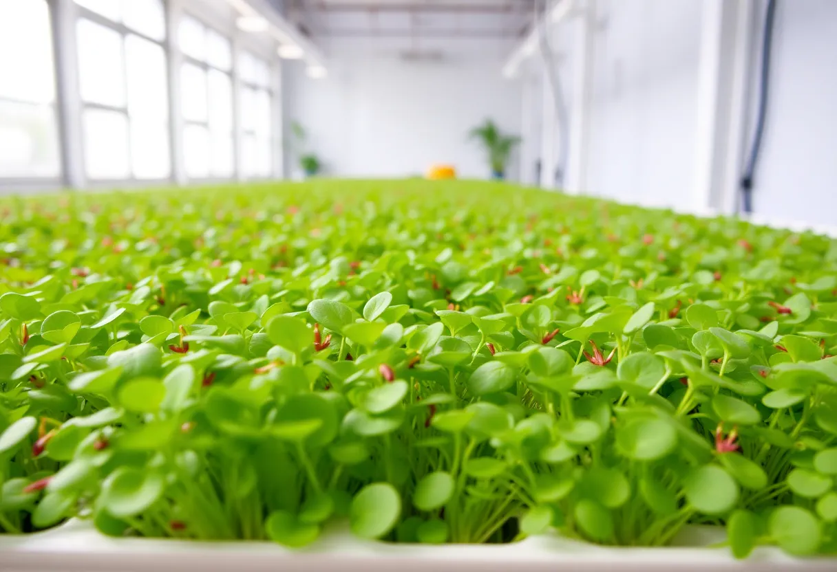 Vibrant microgreens flourishing in a bright indoor farm.