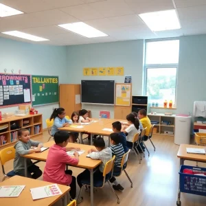 Bright classroom with diverse students and supportive learning tools.