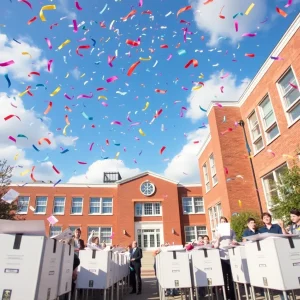 Celebratory confetti falling over school buildings and ballots.