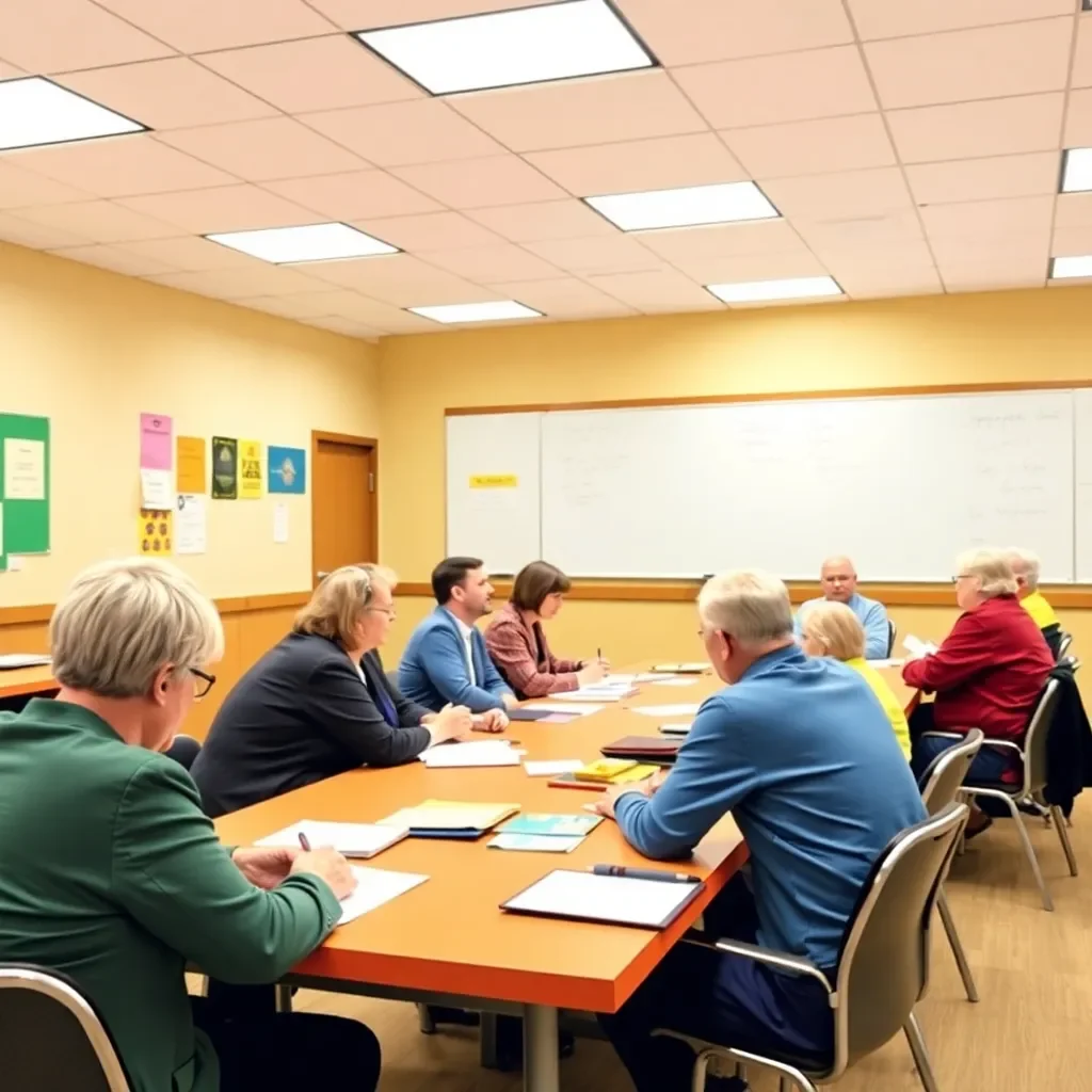 Colorful school board meeting with participants and documents.