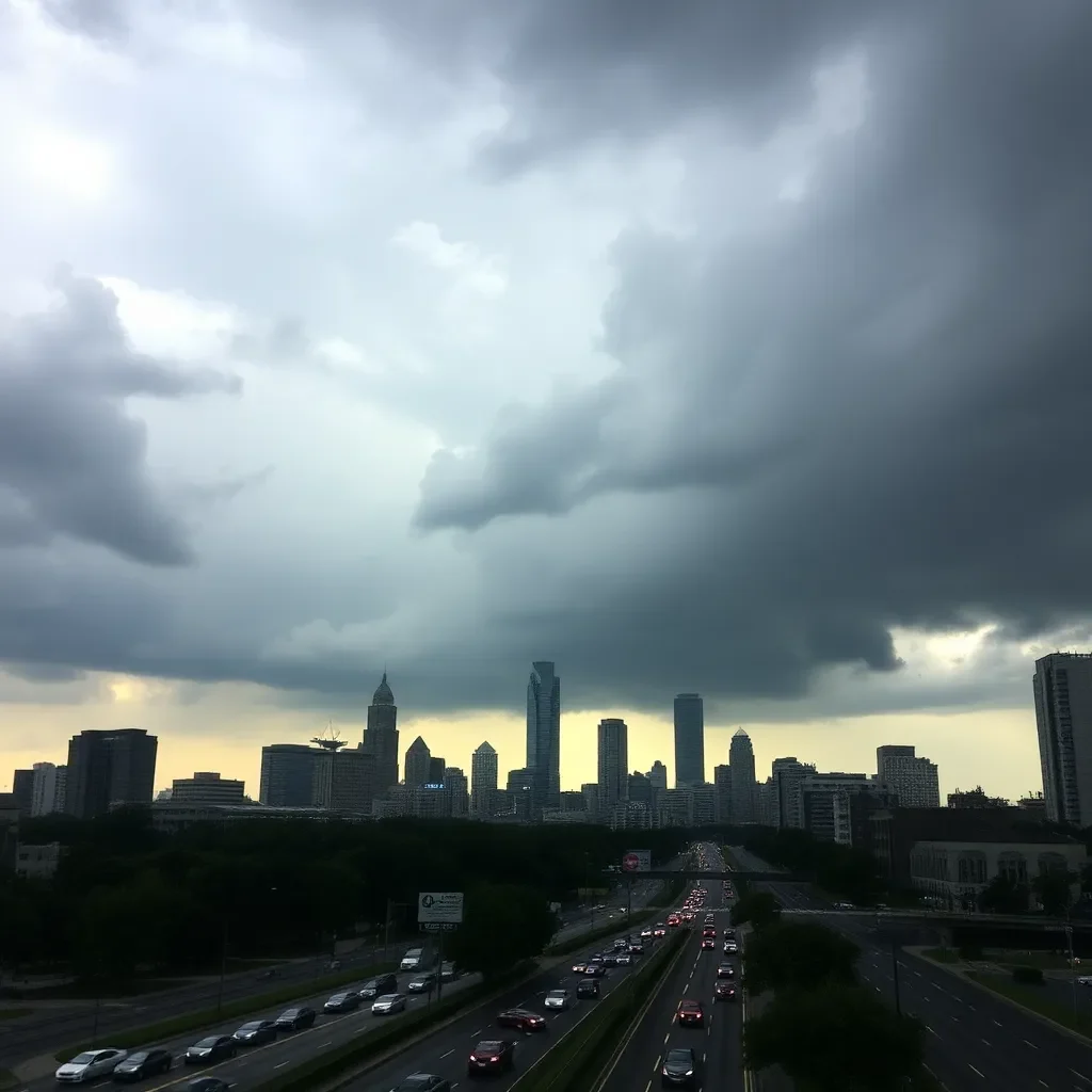 Stormy skies over Atlanta skyline with traffic disruptions.