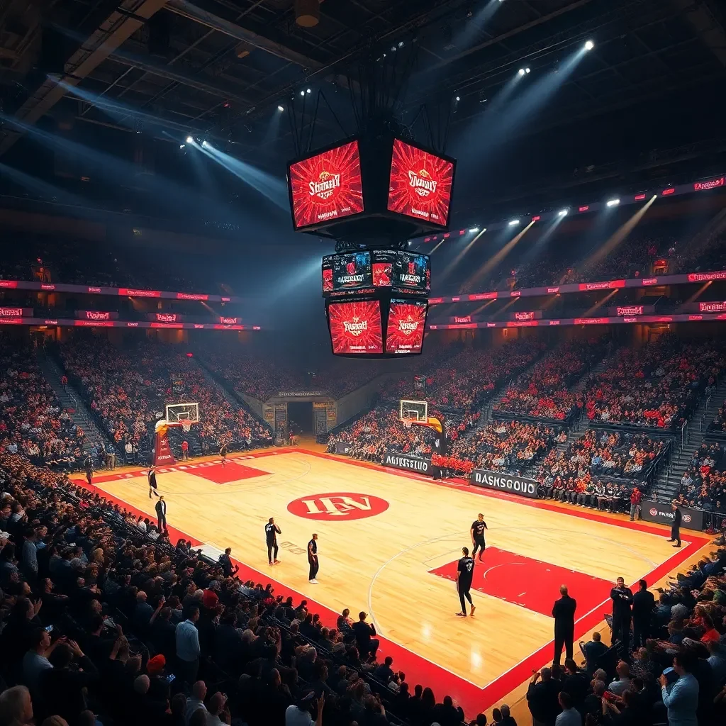 Epic basketball court with electrifying crowd atmosphere