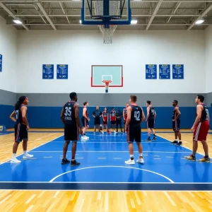 Basketball court with two teams preparing to compete.