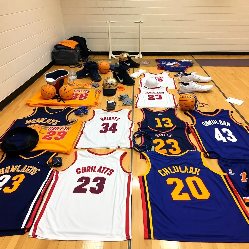 Basketball jerseys and equipment laid out before game day.