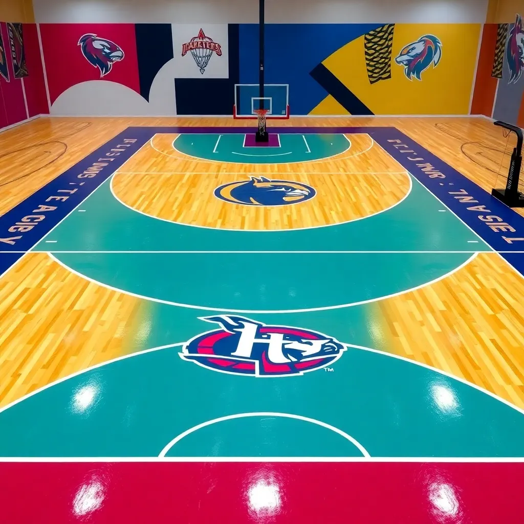 Basketball court with vibrant team colors and logos.